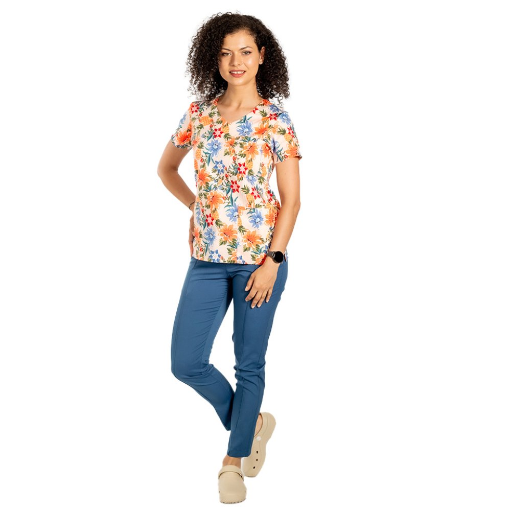 Camice medico con stampa floreale e tre tasche applicate 