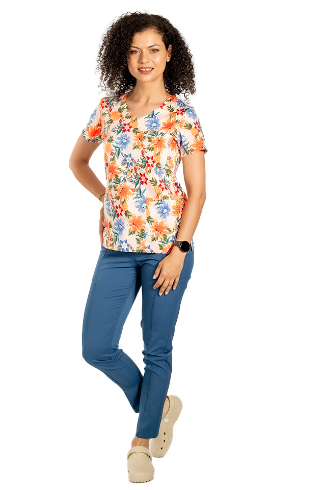 Tuta medica elasticizzata a fiori con camicetta stampata e pantaloni in jeans elasticizzati con coulisse ed elastico