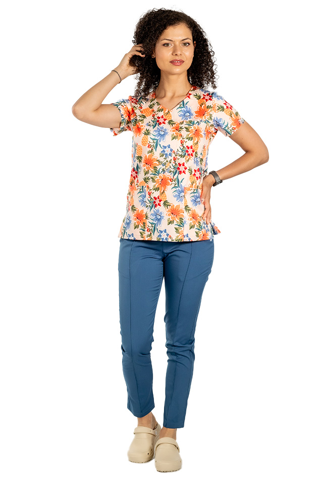 Tuta medica elasticizzata a fiori con camicetta stampata e pantaloni in jeans elasticizzati con coulisse ed elastico