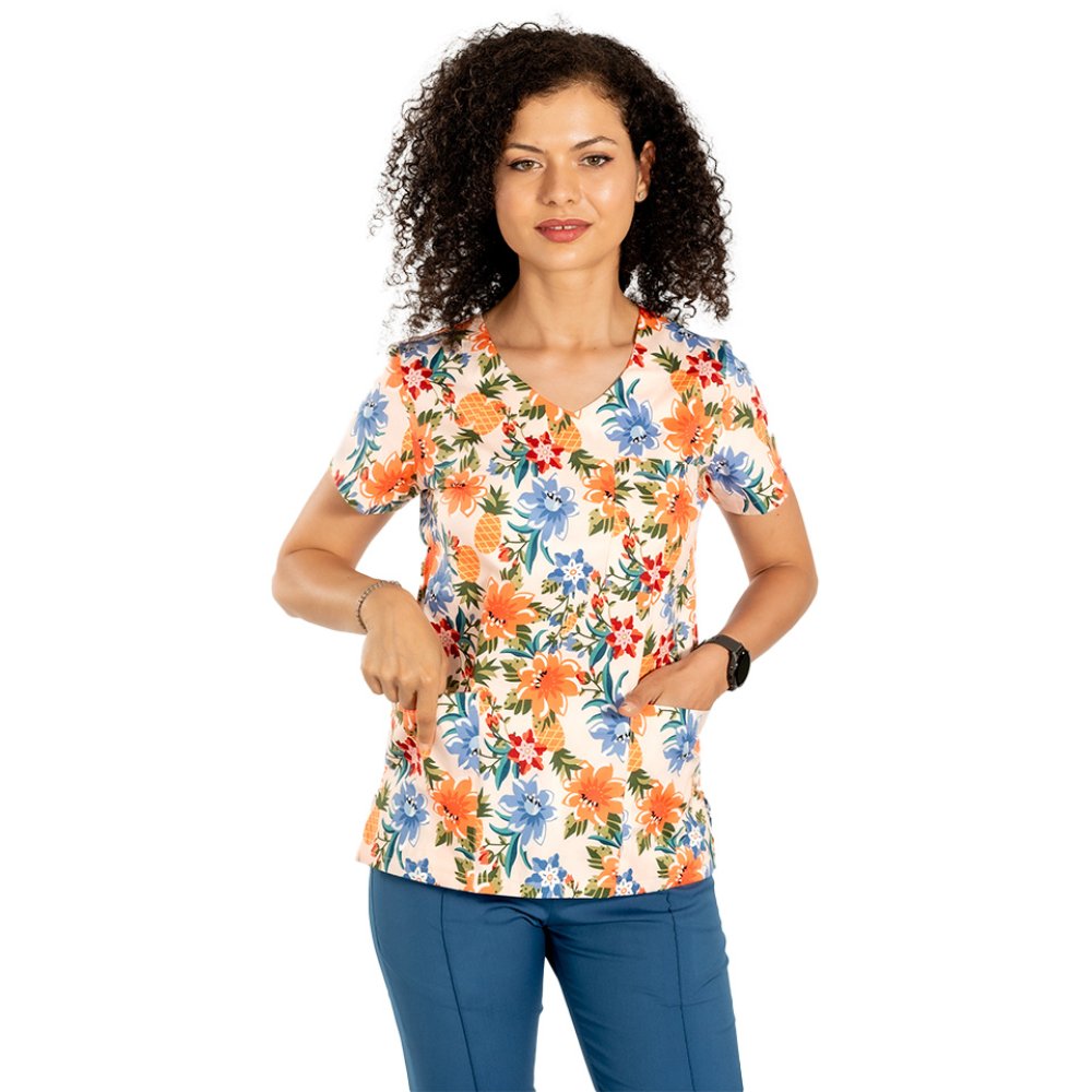 Camice medico con stampa floreale e tre tasche applicate 