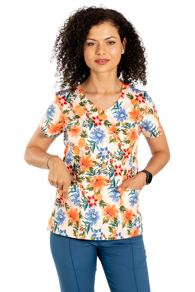 Tuta medica elasticizzata a fiori con camicetta stampata e pantaloni in jeans elasticizzati con coulisse ed elastico