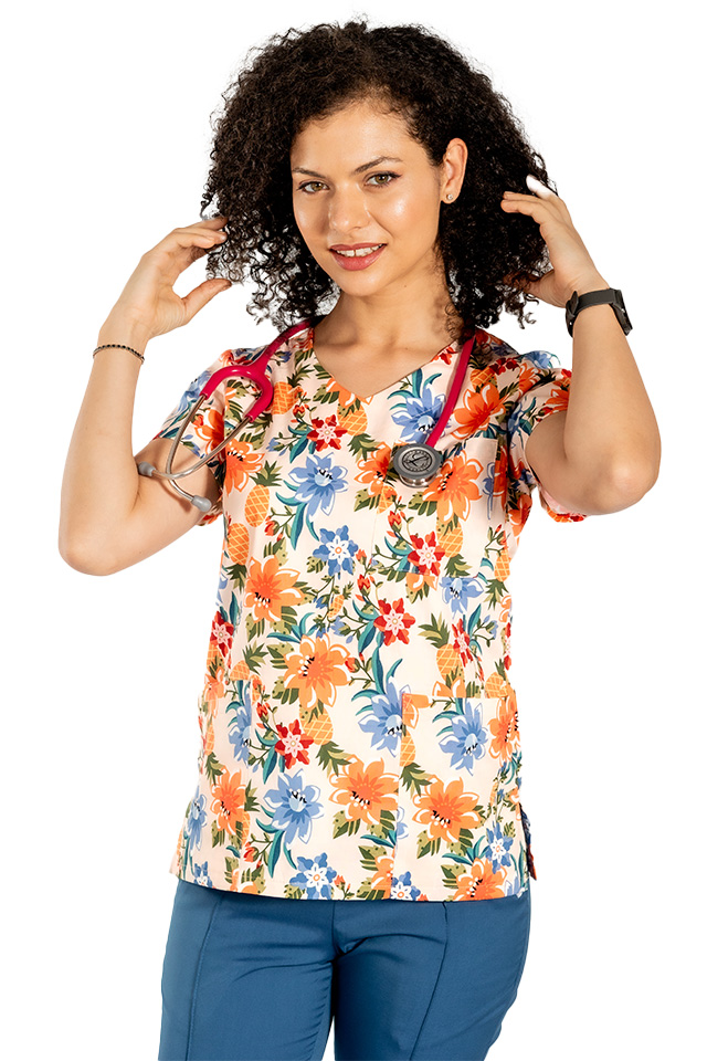 Tuta medica elasticizzata a fiori con camicetta stampata e pantaloni in jeans elasticizzati con coulisse ed elastico