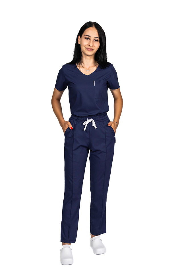 Casacca per medico a due pezzi elasticizzata blu navy con collo a V e pantaloni con cordicella