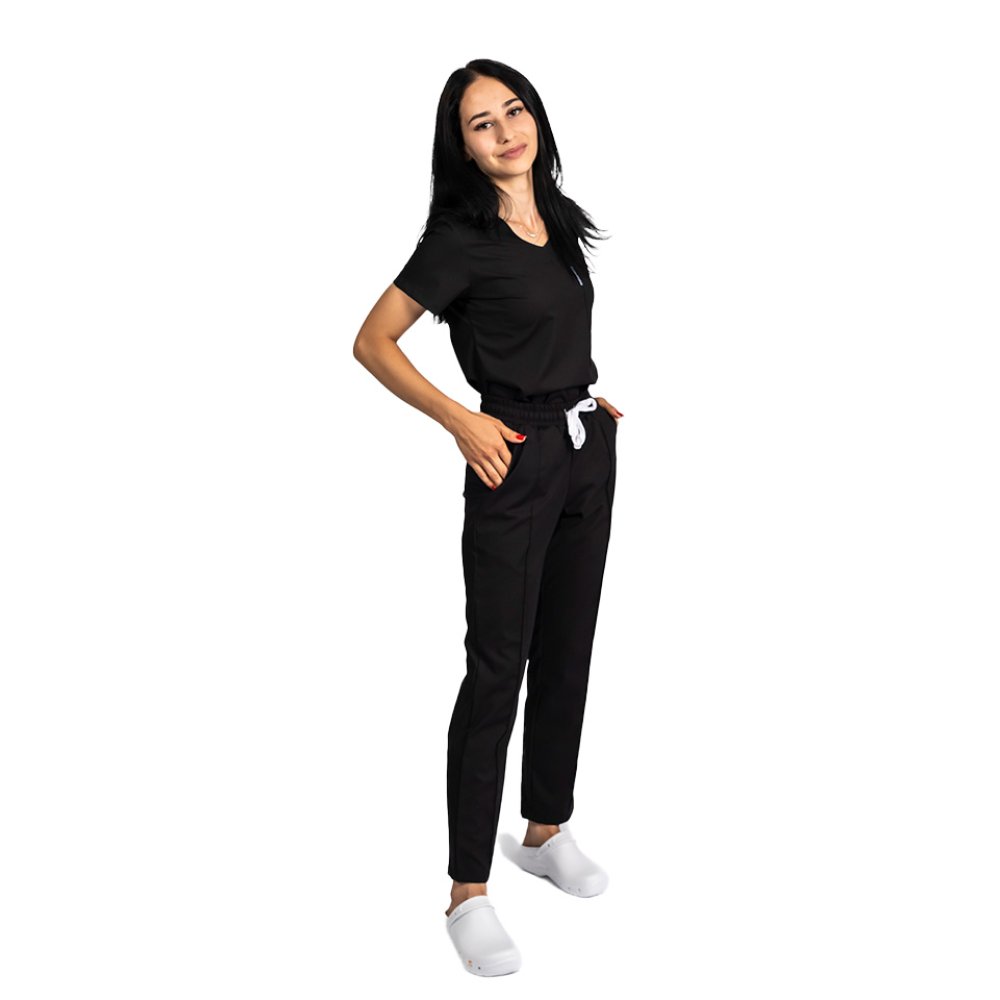 Tuta medica elasticizzata nera con camicetta con scollo a V e pantaloni con coulisse ed elastico