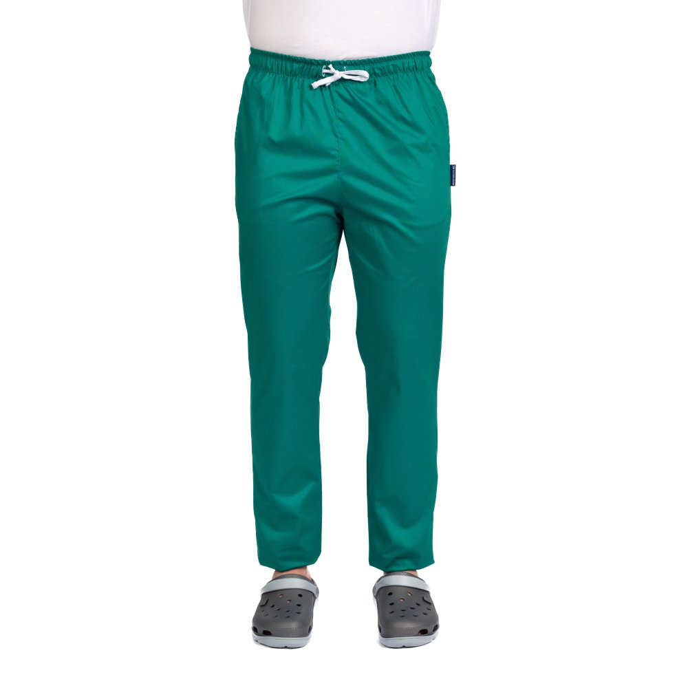 Pantaloni medici da uomo in elastan verde con elastico e due tasche laterali