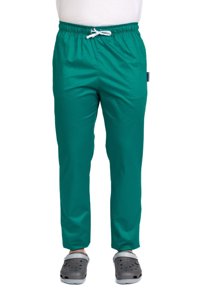 Pantaloni medici da uomo in elastan verde con elastico e due tasche laterali Pantaloni medici da uomo in elastan verde con elastico e due tasche laterali