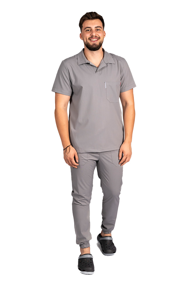 Tuta medica da uomo in tessuto polo elasticizzato grigio, con camicetta con scollo a V e pantaloni jogger, con coulisse ed elastico