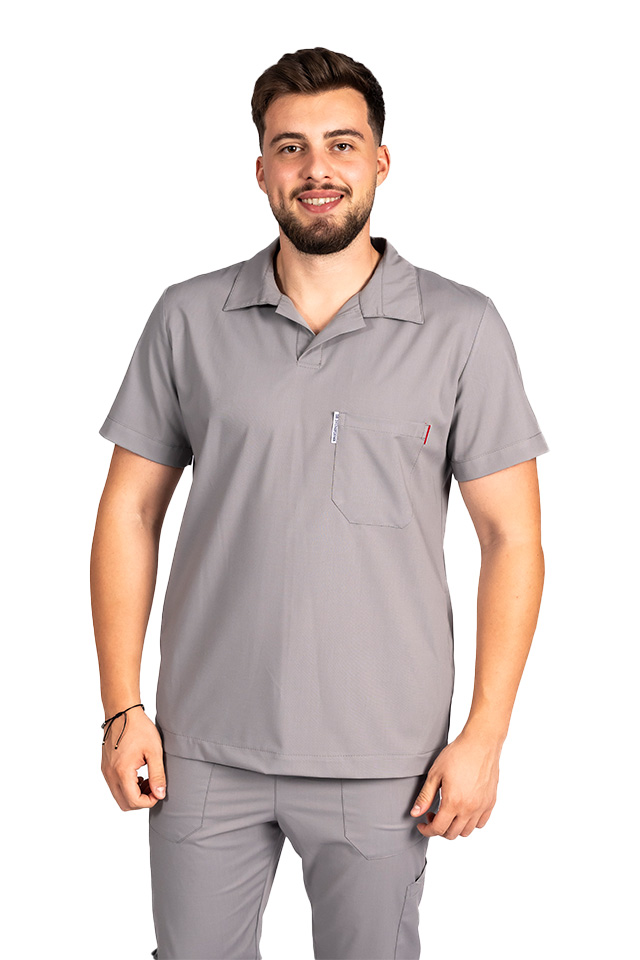 Tuta medica da uomo in tessuto polo elasticizzato grigio, con camicetta con scollo a V e pantaloni jogger, con coulisse ed elastico