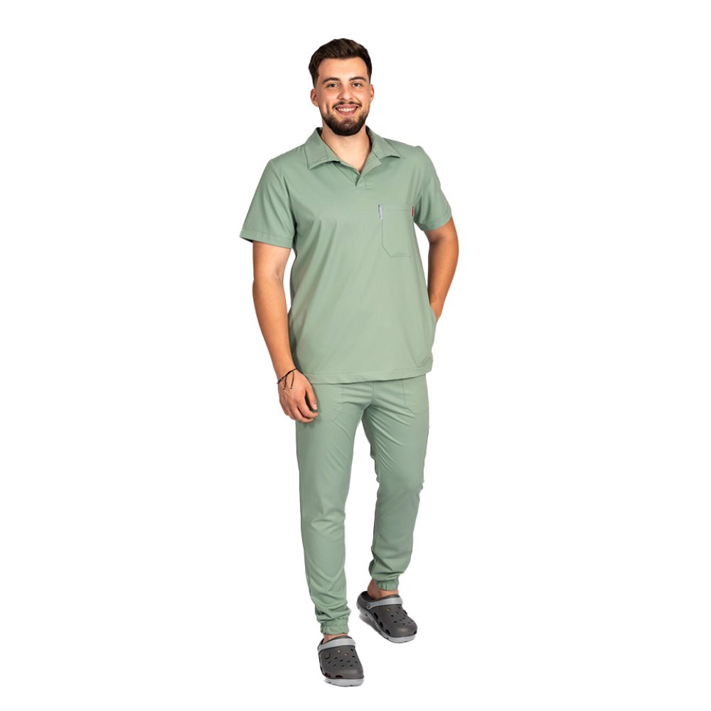 Tuta medica da uomo in polo elasticizzata color oliva, con camicetta con scollo a V e pantaloni jogger, con coulisse ed elastico