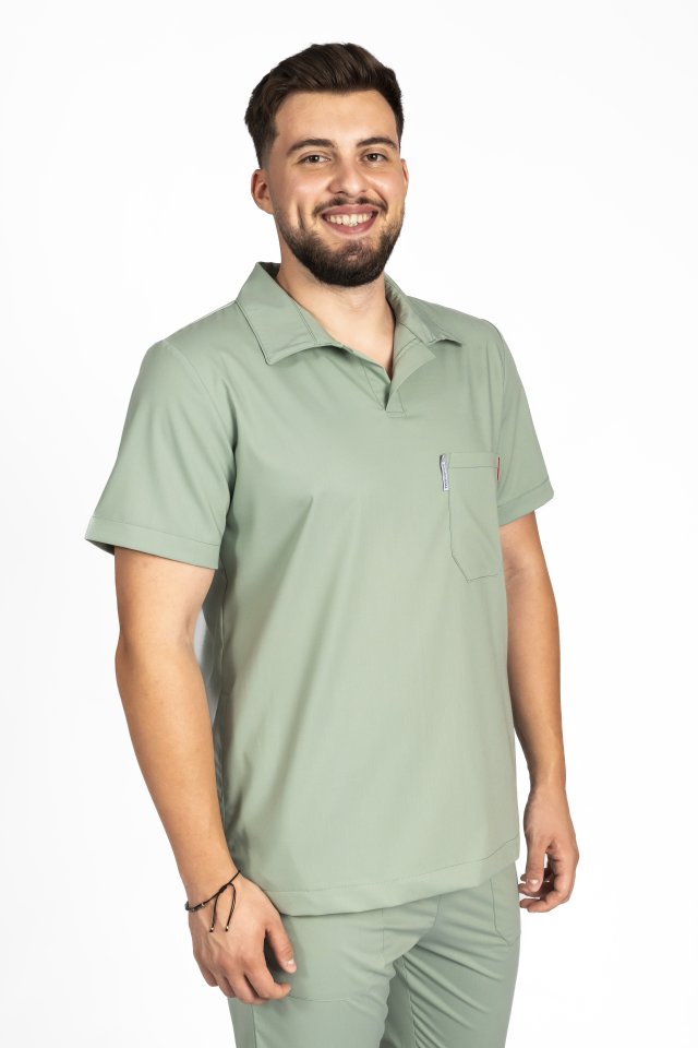 Tuta medica da uomo in polo elasticizzata color oliva, con camicetta con scollo a V e pantaloni jogger, con coulisse ed elastico