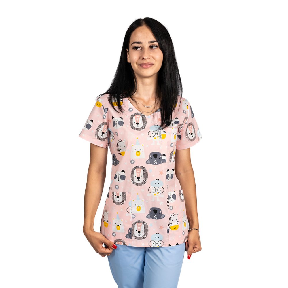 Camice medico con stampa leone e tre tasche applicate 