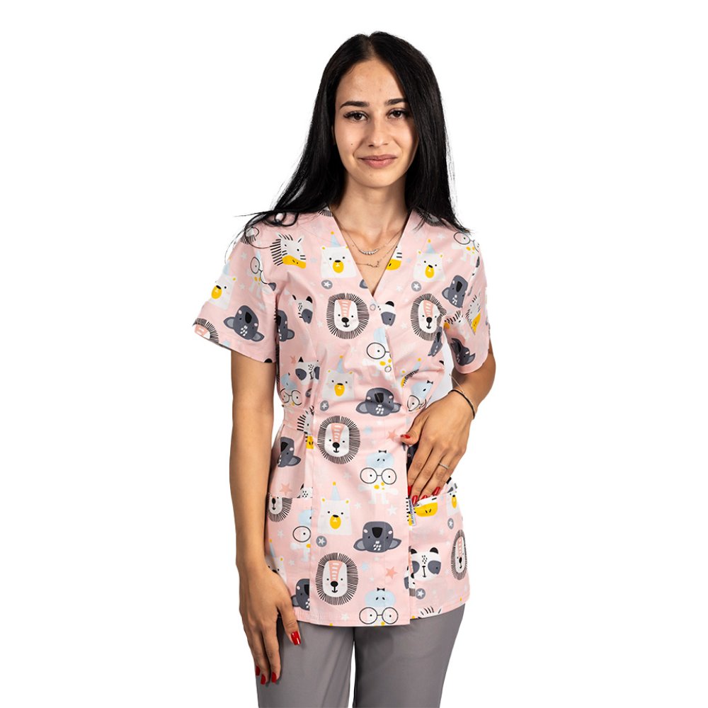 Tuta medica kimono leone, con camicetta stampata e pantaloni elasticizzati