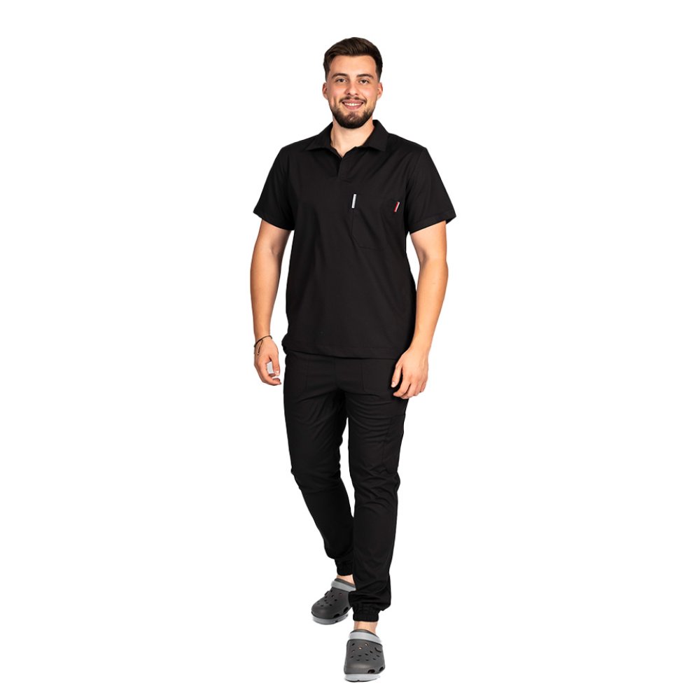 Tuta medica da uomo in tessuto polo elasticizzato nero, con camicetta con scollo a V e pantaloni jogger, con coulisse ed elastico