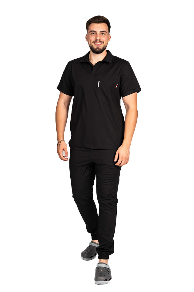 Tuta medica da uomo in tessuto polo elasticizzato nero, con camicetta con scollo a V e pantaloni jogger, con coulisse ed elastico