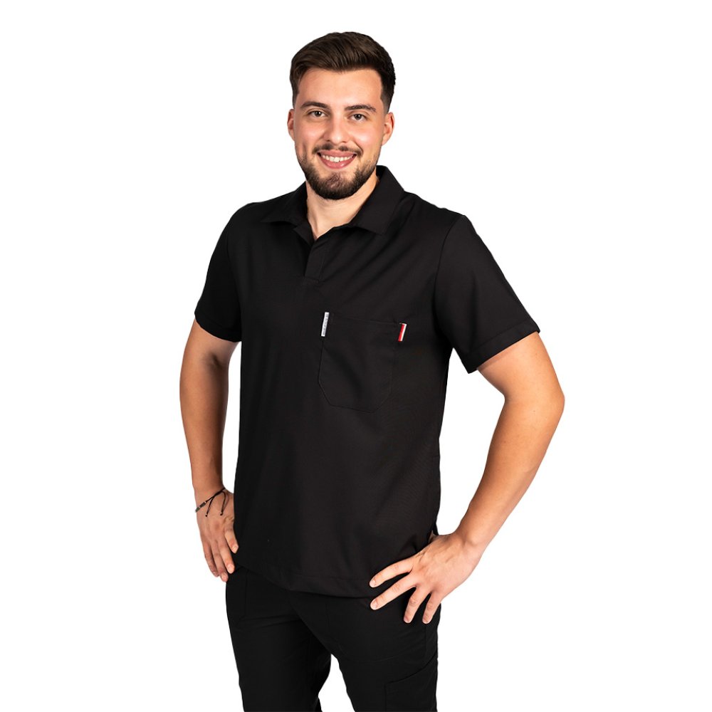 Tuta medica da uomo in tessuto polo elasticizzato nero, con camicetta con scollo a V e pantaloni jogger, con coulisse ed elastico