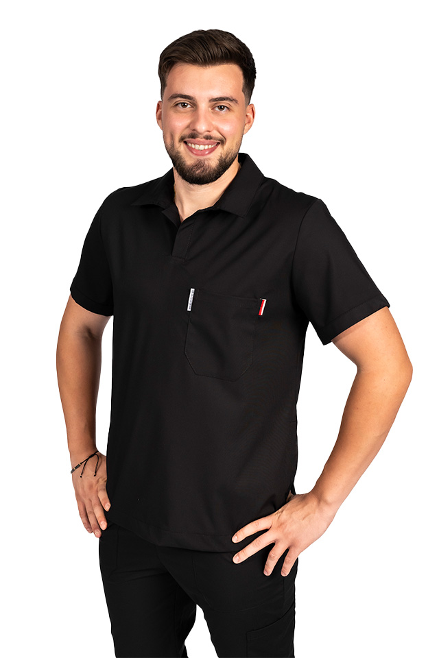 Tuta medica da uomo in tessuto polo elasticizzato nero, con camicetta con scollo a V e pantaloni jogger, con coulisse ed elastico