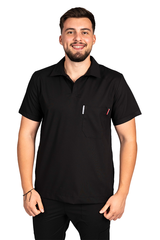 Tuta medica da uomo in tessuto polo elasticizzato nero, con camicetta con scollo a V e pantaloni jogger, con coulisse ed elastico