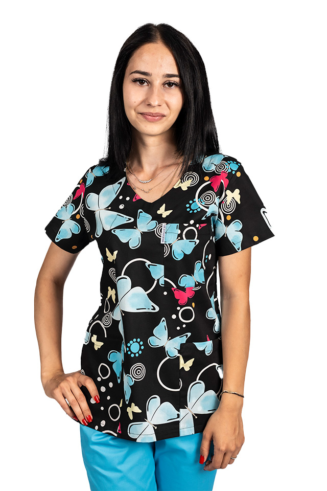 Tuta medica Blackbutterfly, con camicetta stampata e pantaloni elasticizzati