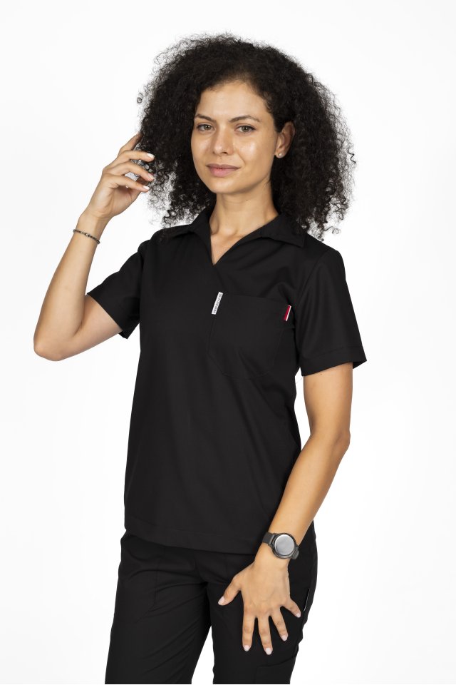 Tuta medica elasticizzata nera con polo, camicetta con scollo a V e pantaloni jogger, con coulisse ed elastico