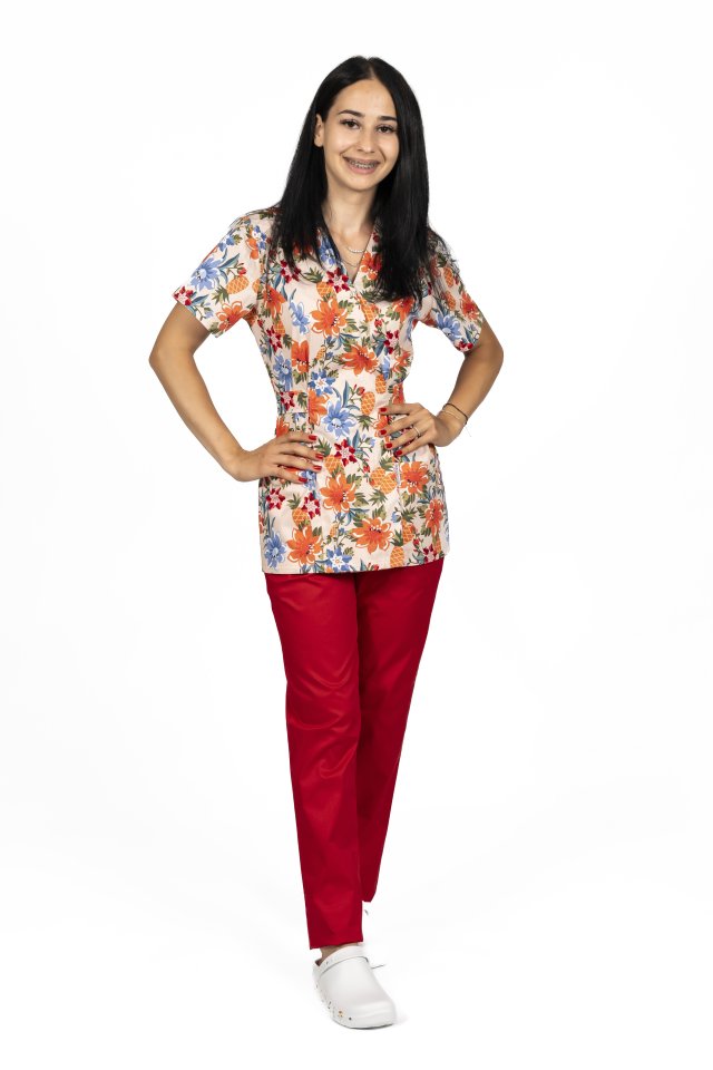 Camice medico kimono a fiori con due tasche applicate