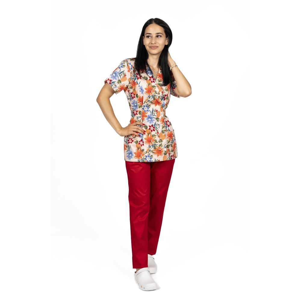 Camice medico kimono a fiori con due tasche applicate