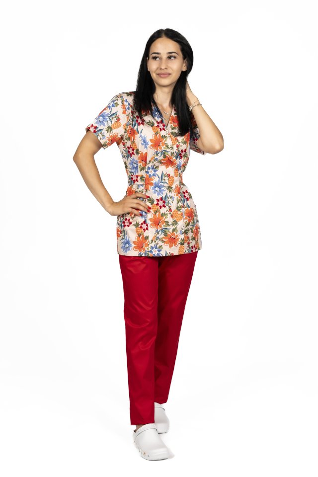 Camice medico kimono a fiori con due tasche applicate