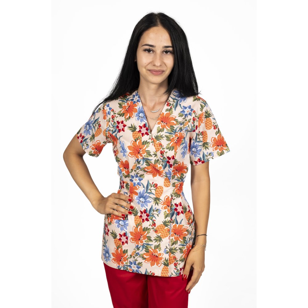Camice medico kimono a fiori con due tasche applicate