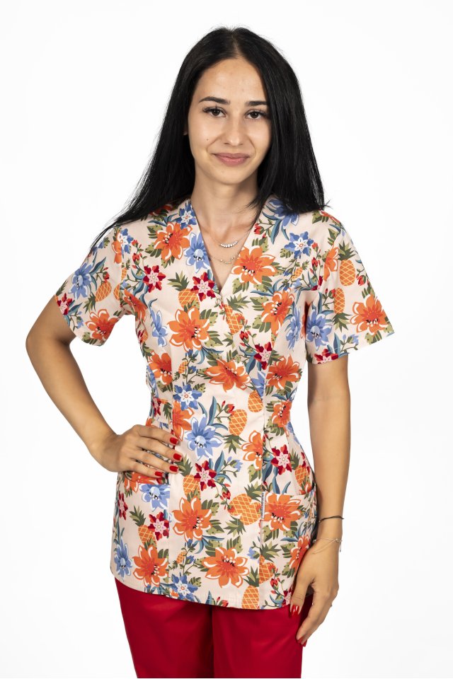 Camice medico kimono a fiori con due tasche applicate