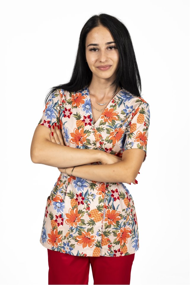 Camice medico kimono a fiori con due tasche applicate