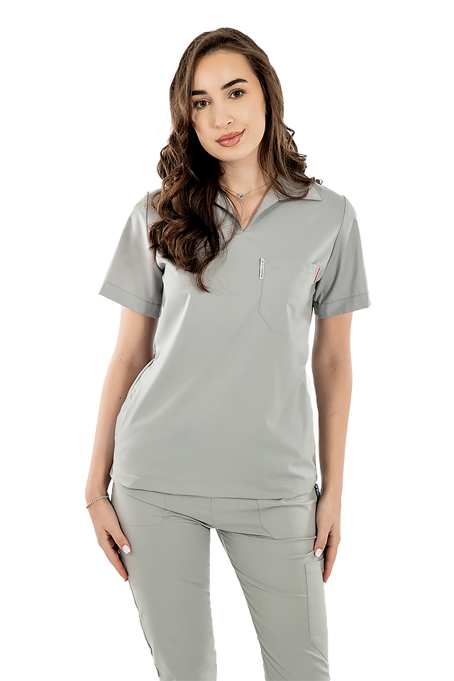 Tuta medica elasticizzata grigia con polo, camicetta con scollo a V e pantaloni jogger, con coulisse ed elastico