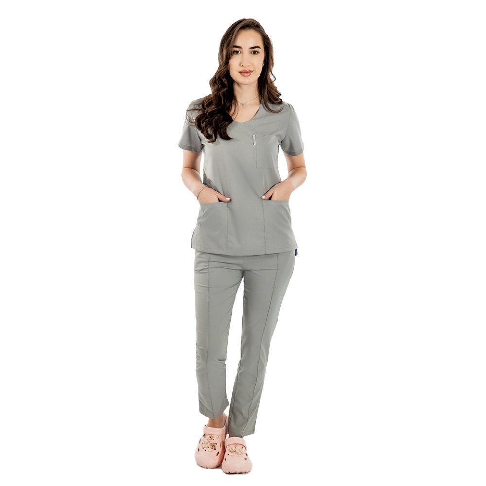 Tuta medica elasticizzata grigia con camicetta con scollo a V e pantaloni con coulisse ed elastico