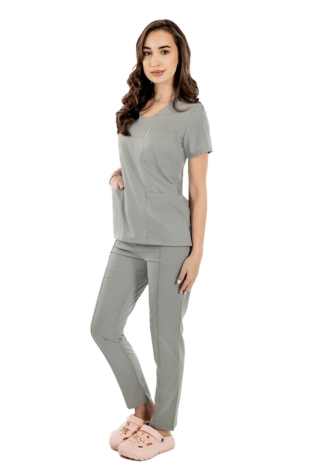 Tuta medica elasticizzata grigia con camicetta con scollo a V e pantaloni con coulisse ed elastico