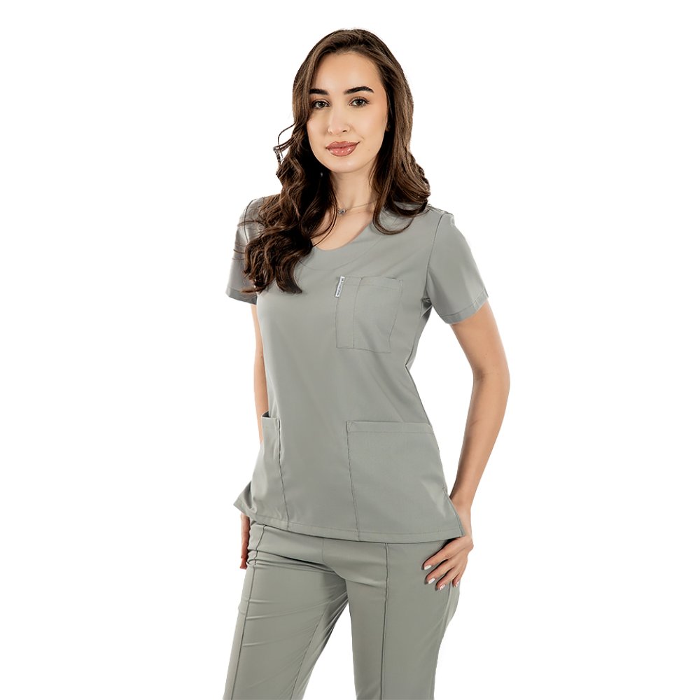 Tuta medica elasticizzata grigia con camicetta con scollo a V e pantaloni con coulisse ed elastico