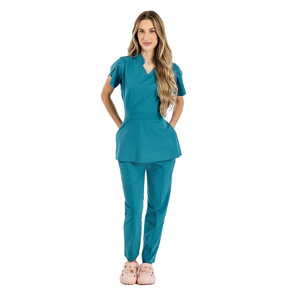 Tuta medica elasticizzata Alina, colore acquamarina, camicetta con coulisse e pantaloni con coulisse ed elastico