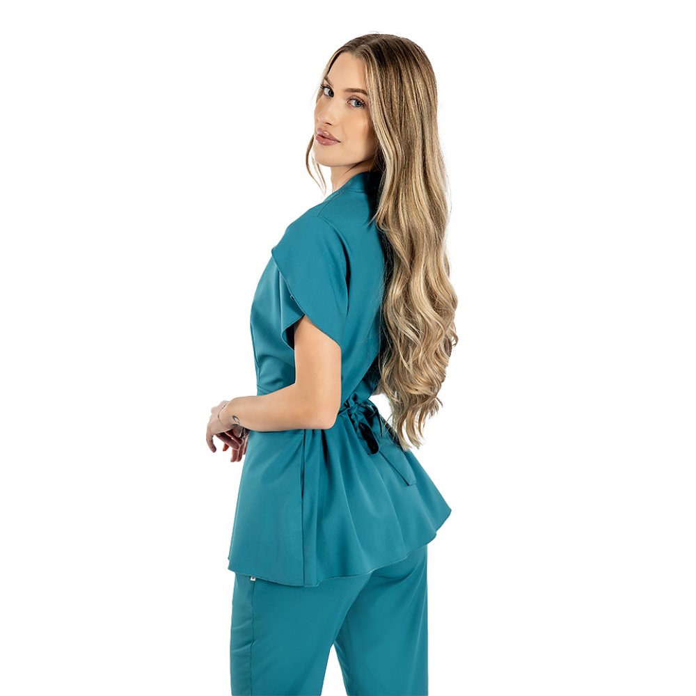 Tuta medica elasticizzata Alina, colore acquamarina, camicetta con coulisse e pantaloni con coulisse ed elastico