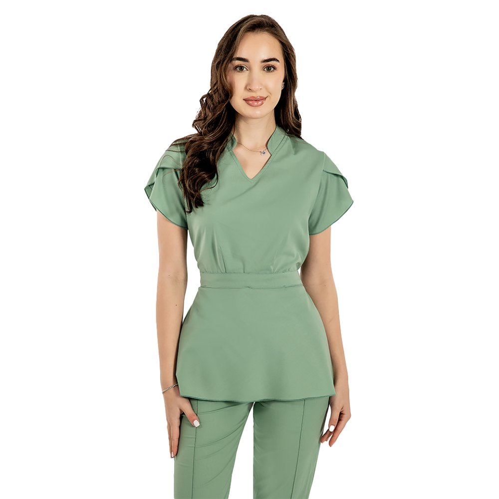 Tuta medica elasticizzata Alina, colore oliva, camicetta con coulisse e pantaloni con coulisse ed elastico