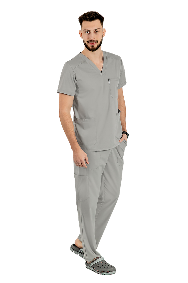 Completo medico da uomo grigio elasticizzato con camicetta a scollo a V e pantaloni con coulisse ed elastico.