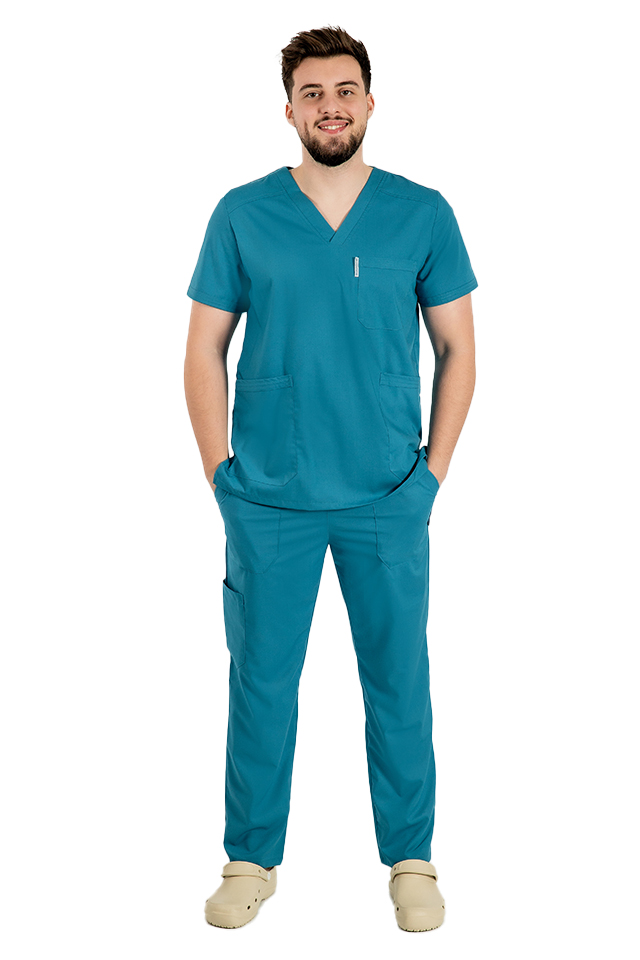 Completo medico da uomo color acquamarina elasticizzato con camicetta con scollo a V e pantaloni con coulisse ed elastico.