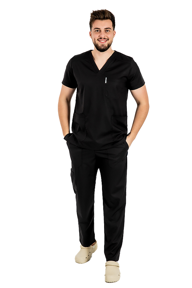 Completo medico da uomo nero elasticizzato con camicetta a scollo a V e pantaloni con coulisse ed elastico.