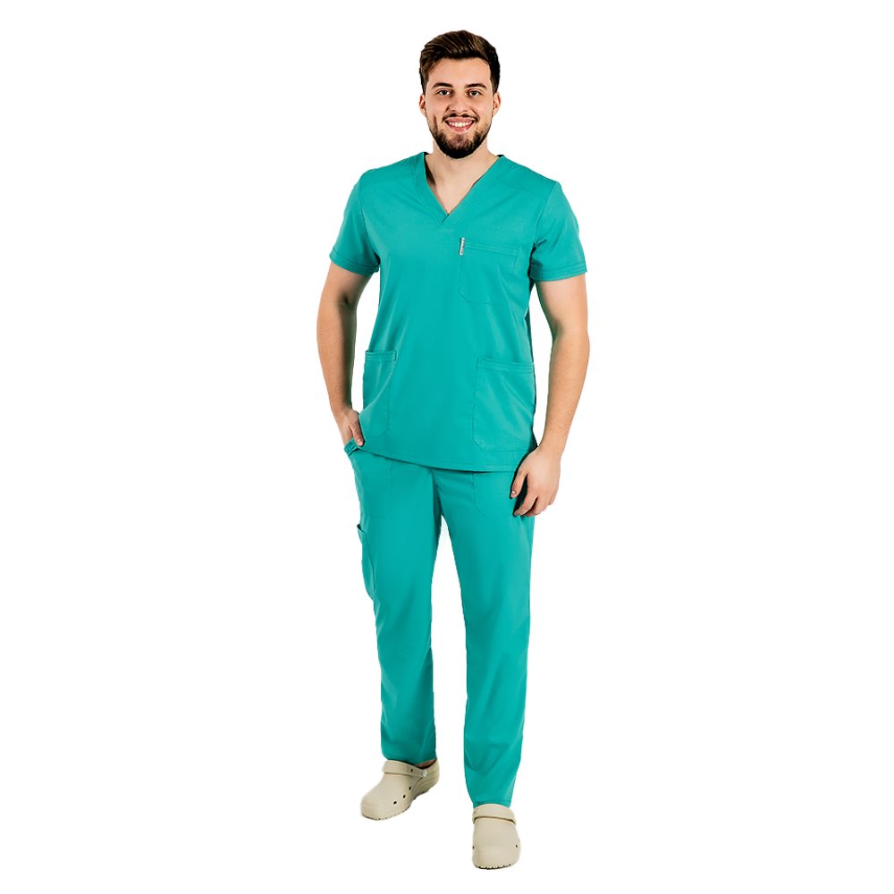Casacca verde per medico a due pezzi, elasticizzata da uomo con collo a V e pantalone con cordicella