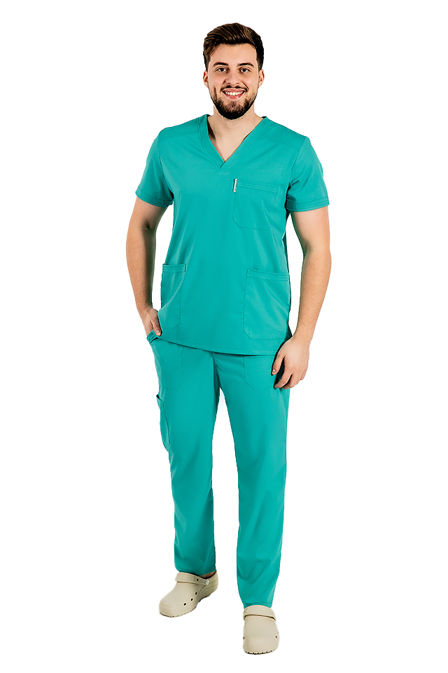 Casacca verde per medico a due pezzi, elasticizzata da uomo con collo a V e pantalone con cordicella
