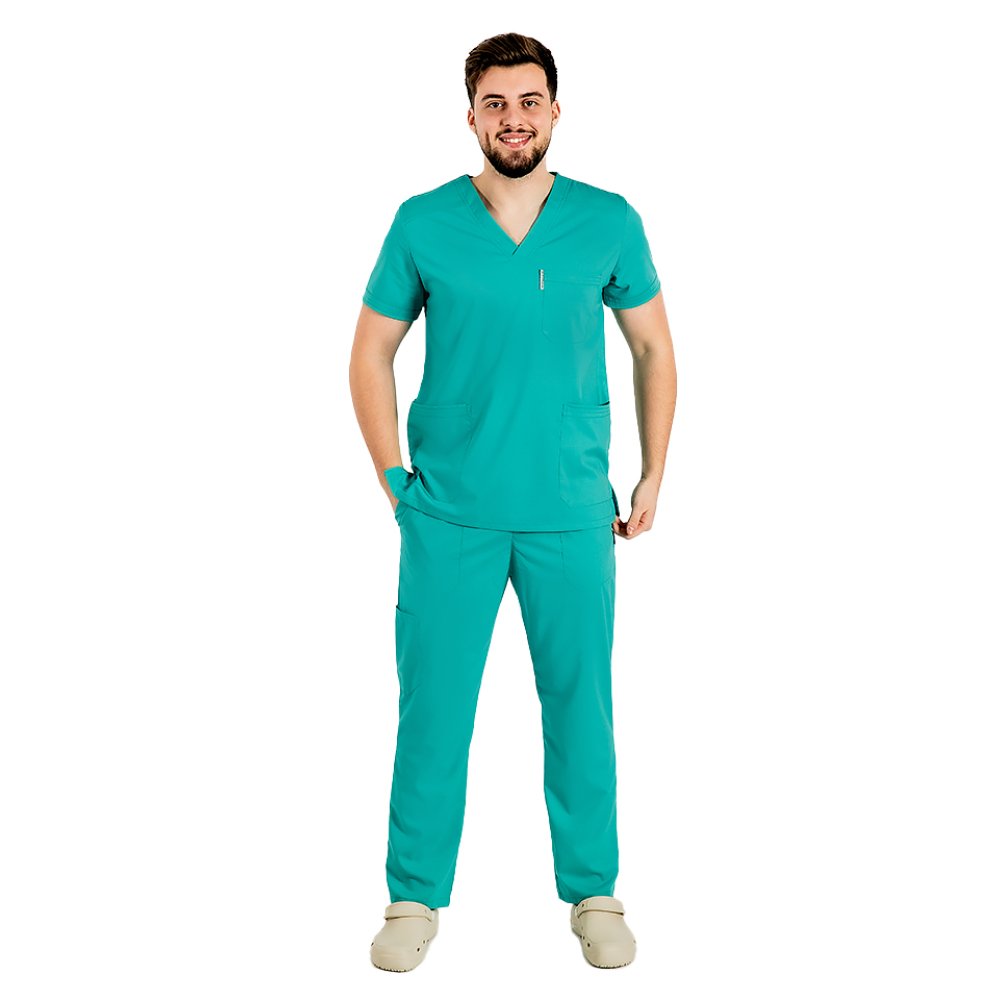 Casacca verde per medico a due pezzi, elasticizzata da uomo con collo a V e pantalone con cordicella