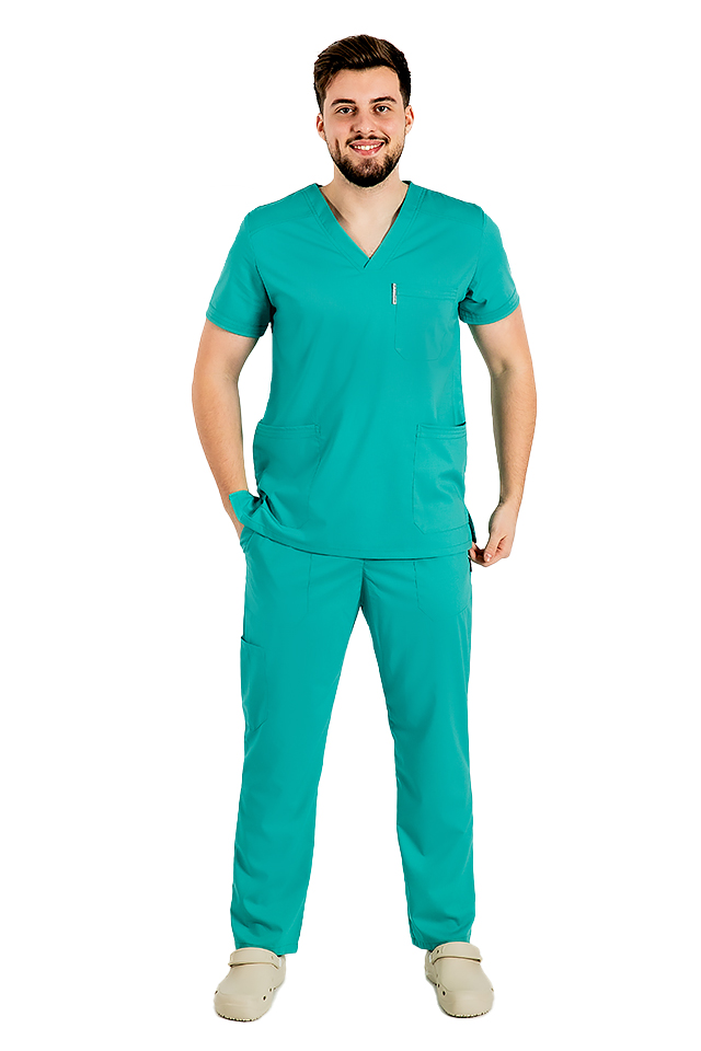 Casacca verde per medico a due pezzi, elasticizzata da uomo con collo a V e pantalone con cordicella