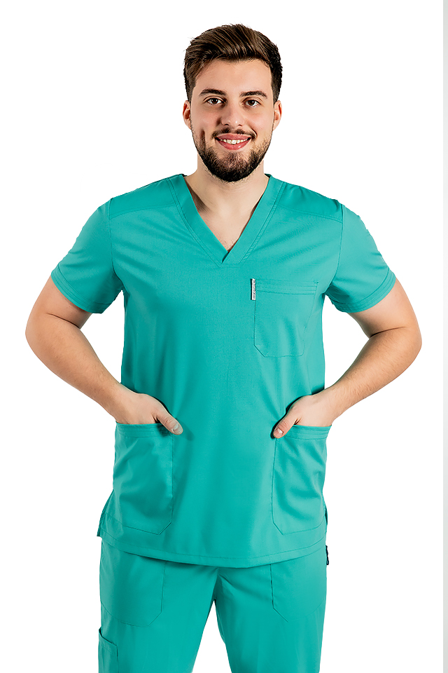 Casacca verde per medico a due pezzi, elasticizzata da uomo con collo a V e pantalone con cordicella