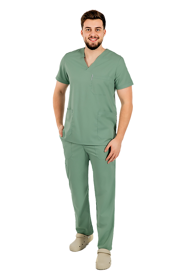 Completo medico da uomo color oliva elasticizzato con camicetta con scollo a V e pantaloni con coulisse ed elastico.