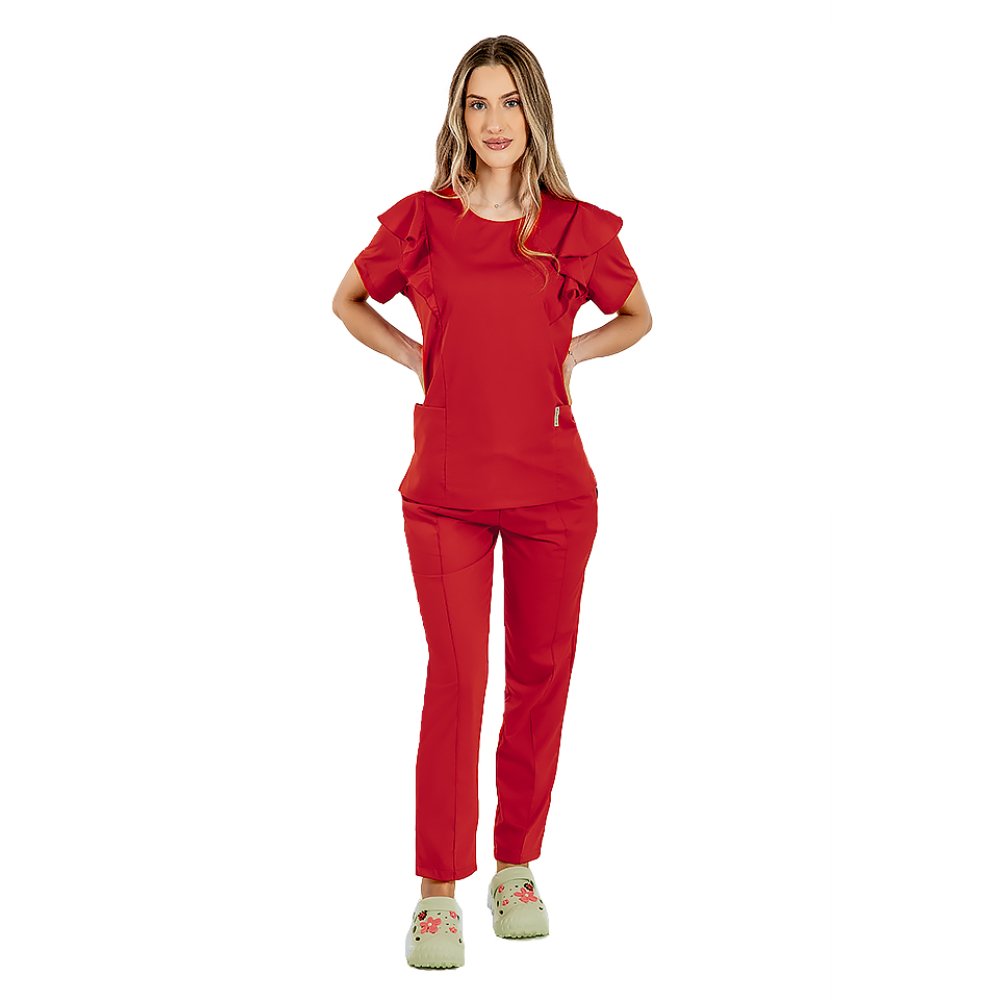 Tuta medica elasticizzata Cristina, colore rosso, camicetta con volant e pantaloni con coulisse ed elastico