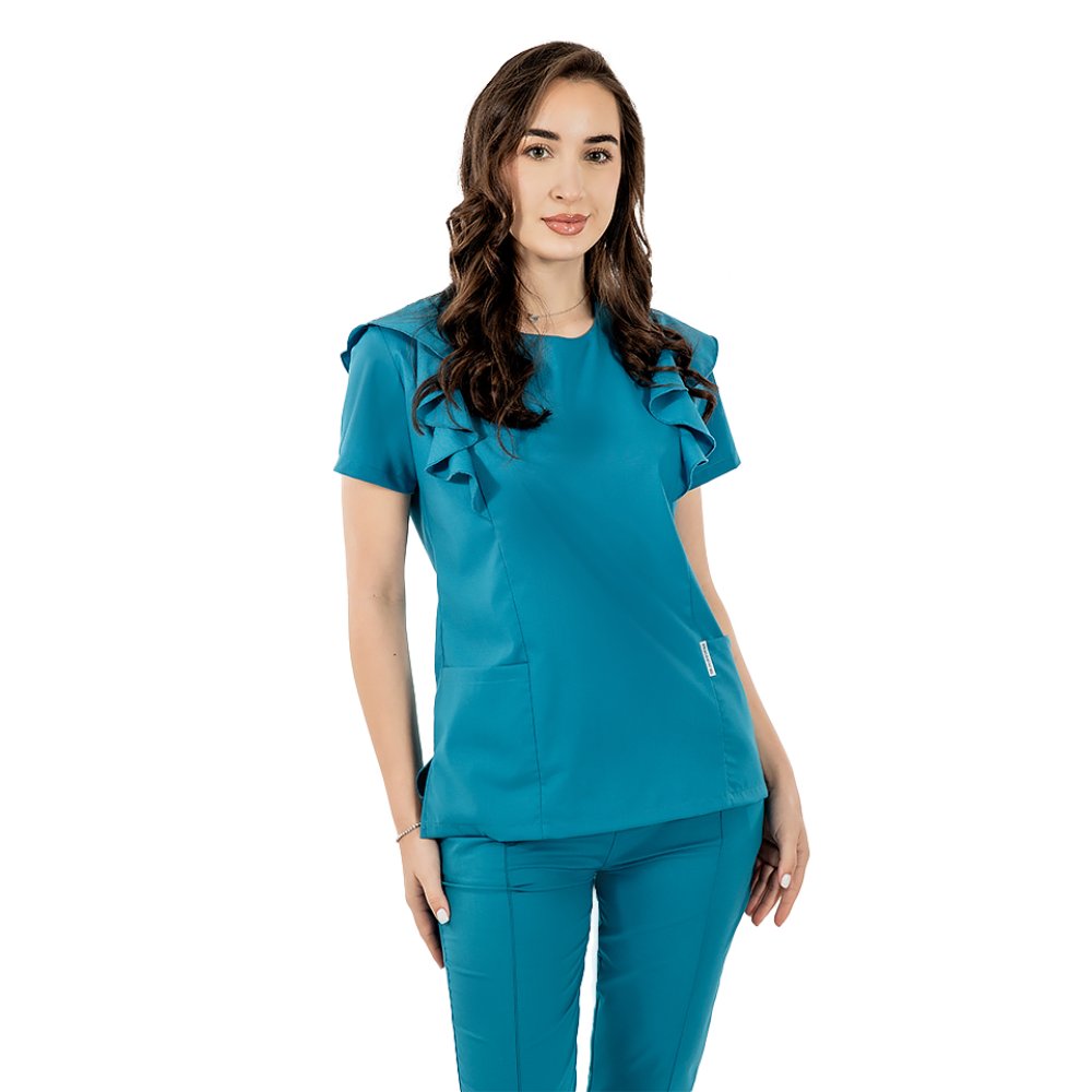 Tuta medica elasticizzata Cristina, colore acquamarina, camicetta con volant e pantaloni con coulisse ed elastico