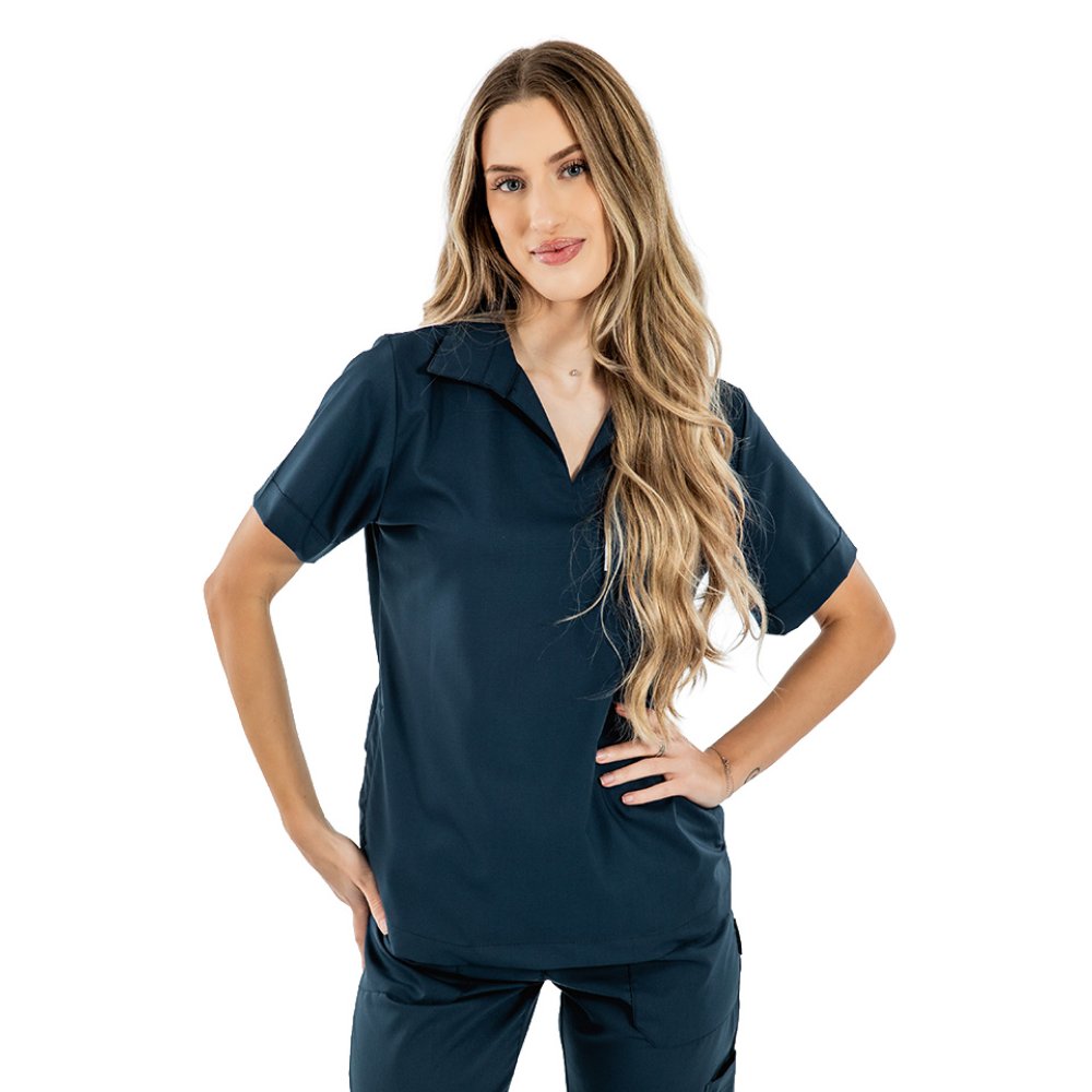 Tuta medica elasticizzata blu navy con polo, camicetta con scollo a V e pantaloni jogger, con coulisse ed elastico