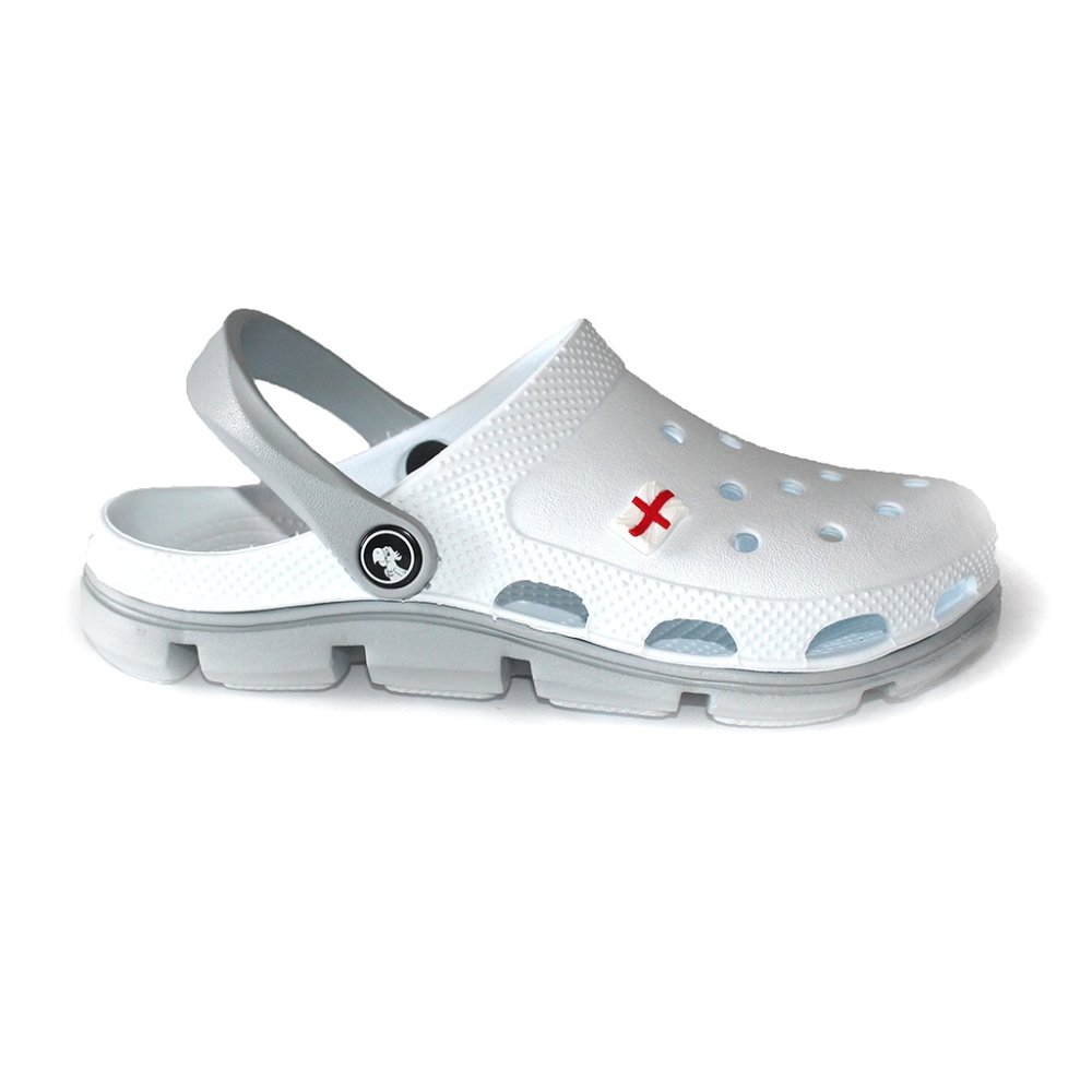 Zoccoli medicali professionali bianchi e grigi in schiuma EVA - modello unisex, con dettagli applicati