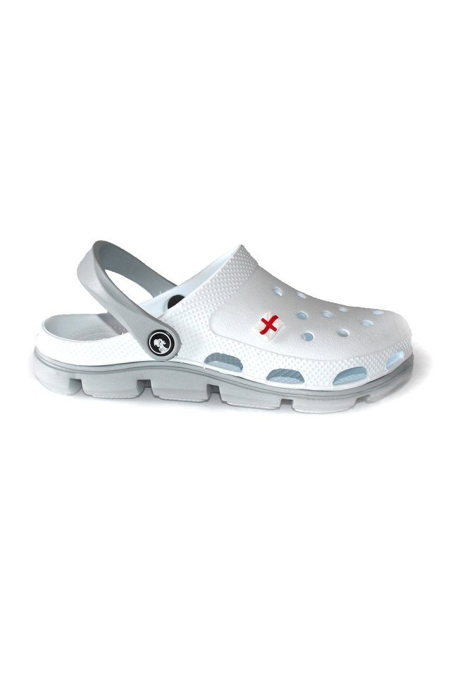 Zoccoli medicali professionali bianchi e grigi in schiuma EVA - modello unisex, con dettagli applicati